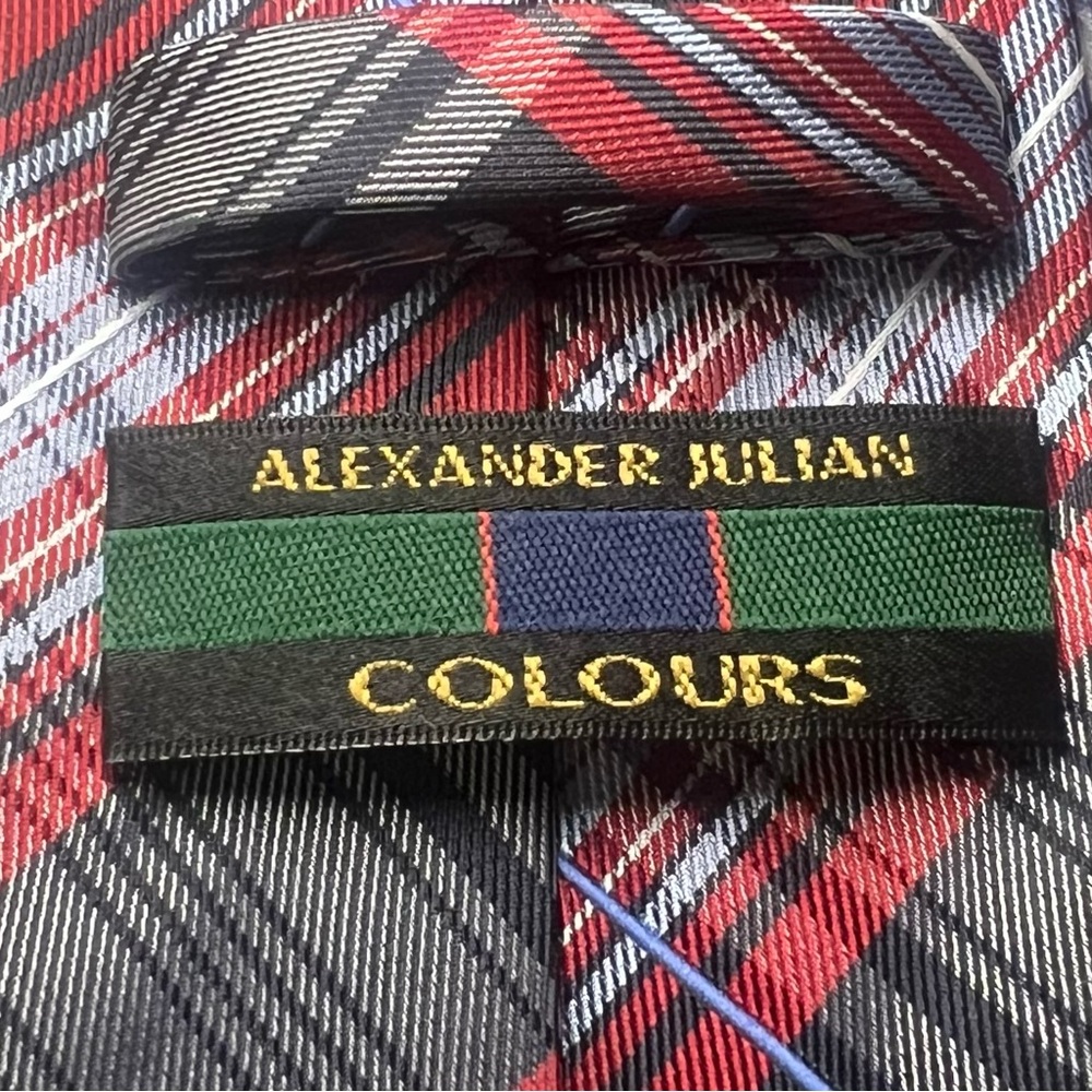 Alexander Julian Handmade Tartan Plaid Designer Tie Black Red Necktie - Picture 4 of 8
